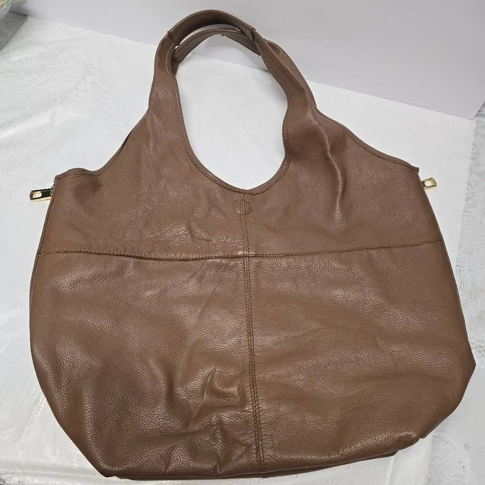STEVEN by STEVE MADDEN Genuine Brown Leather Expandable Large Hobo Bag Boho Chic